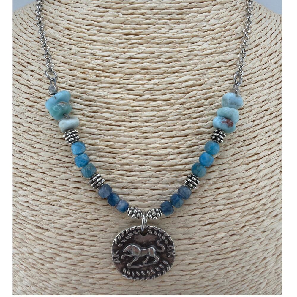 Artisan Larimar Alunite Kyanite Medallion Statement Necklace